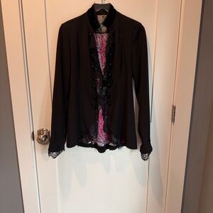 Elegant 2OH Black Women's Jacket With Velvet & Lace Trim and Pink Paisley Lining